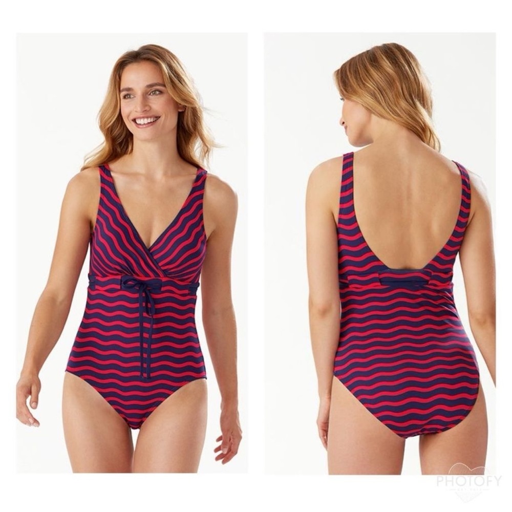 Tommy Bahama Sea Swell Faux Wrap Stripe One Piece Swimsuit Red Navy Size 4